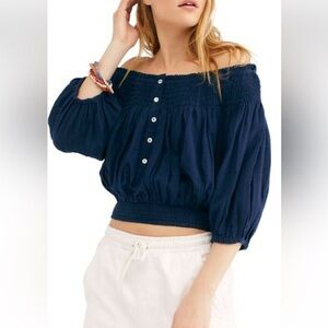 We The Free People Dancing Til Dawn Top Smocked Peasant‎ Off Shoulder Size Small